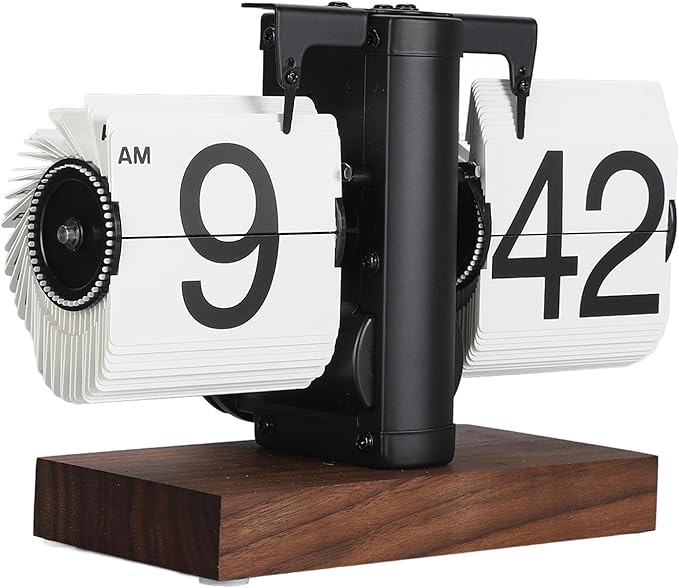 FOSA Flip Desk Clock, Retro Vintage Flip Desk Table Clock, Digital Sided Large Numbers Mechanical Flip Clock Wood Base for Living Room, Study Room and Office（Black）