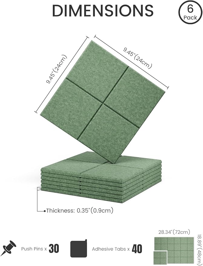 Fluxynara Felt Bulletin Board Tiles -28"x18" Cork Board Alternative for Office Decor, Push Pin Board Wall Organizer 6-Pack - Moss Green