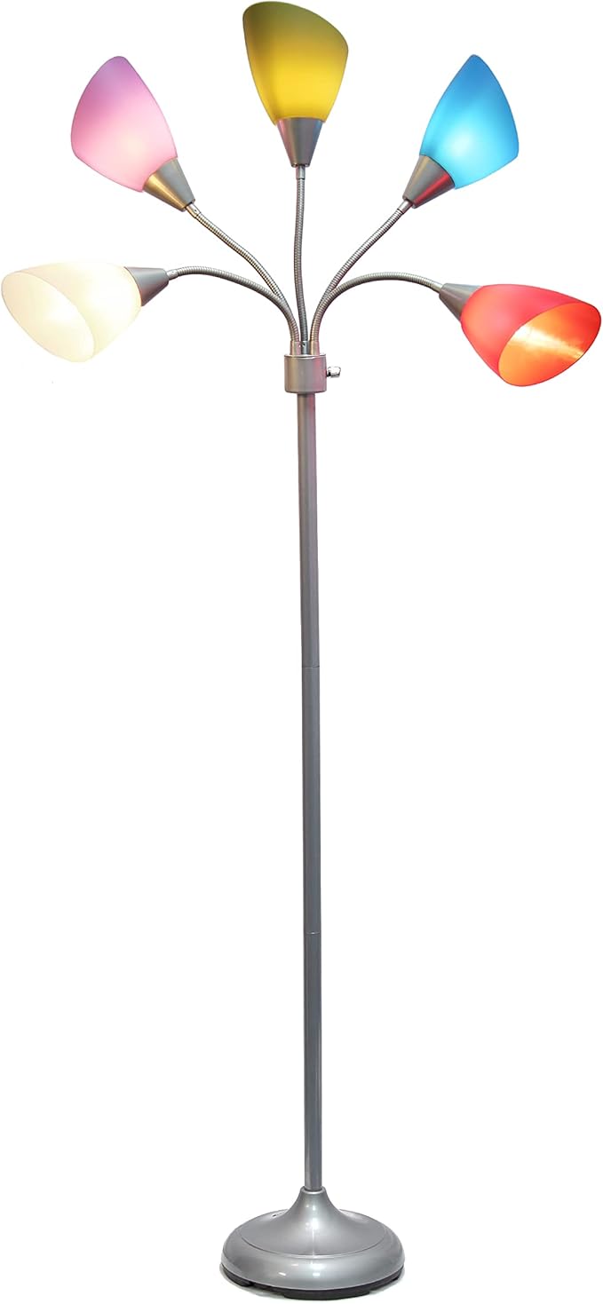 Simple Designs LF2006-SDM 67" Contemporary Multi Head Medusa 5 Light Adjustable Gooseneck Silver Floor Lamp with Primary Dark Multicolored Shades for Kids Bedroom Playroom Living Room Office