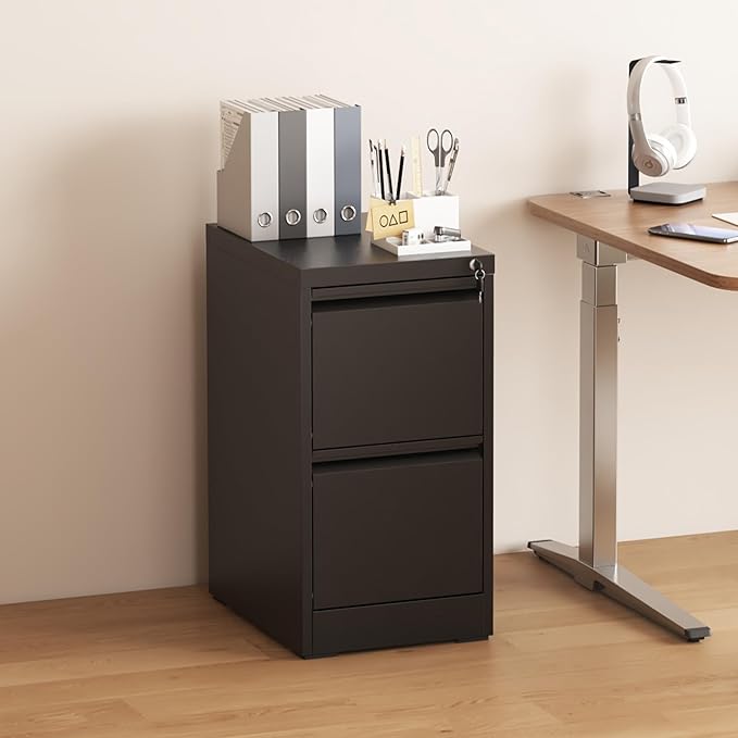 2 Drawer File Cabinet with Lock, Vertical Filing Cabinets for Home Office, Metal Storage Cabinets, Heavy Duty File Cabinet for Letter/Legal/A4/F4 Size Amsseble Required, Black