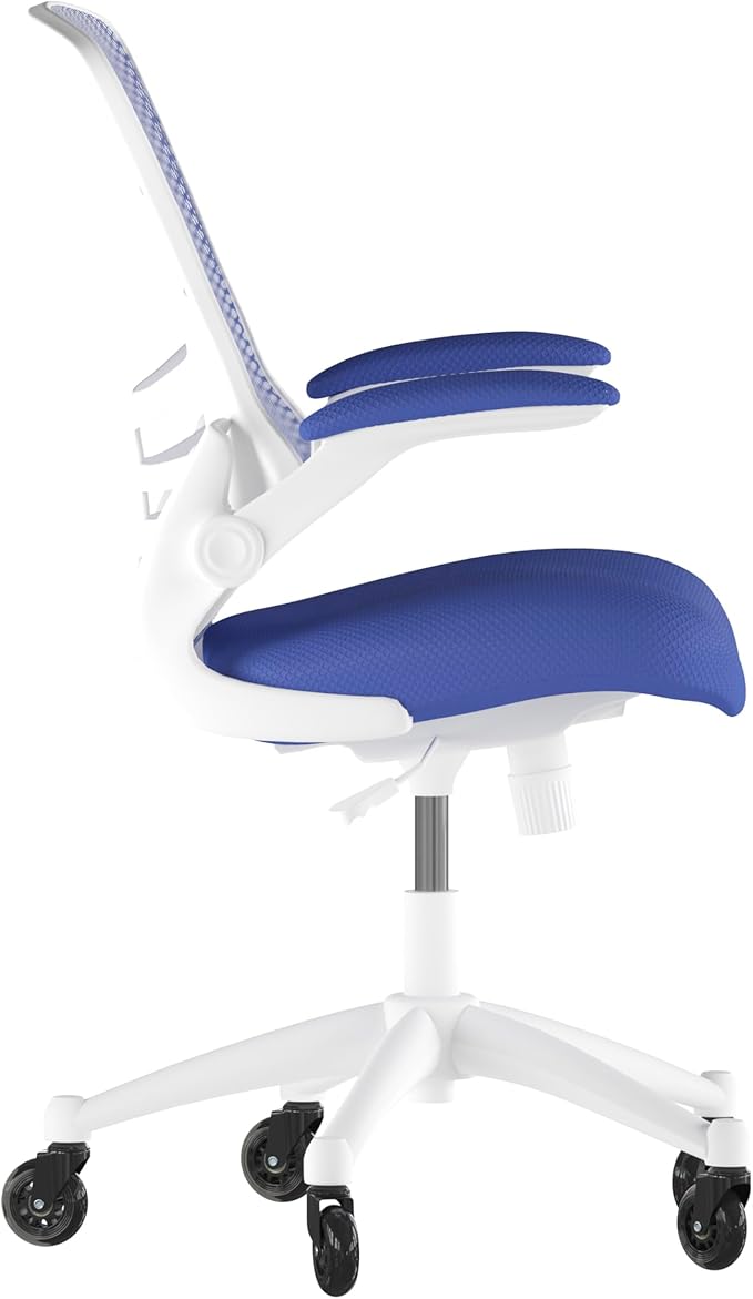Flash Furniture Kelista Mid-Back Blue Mesh Swivel Ergonomic Task Office Chair with White Frame, Flip-Up Arms, and Transparent Roller Wheels