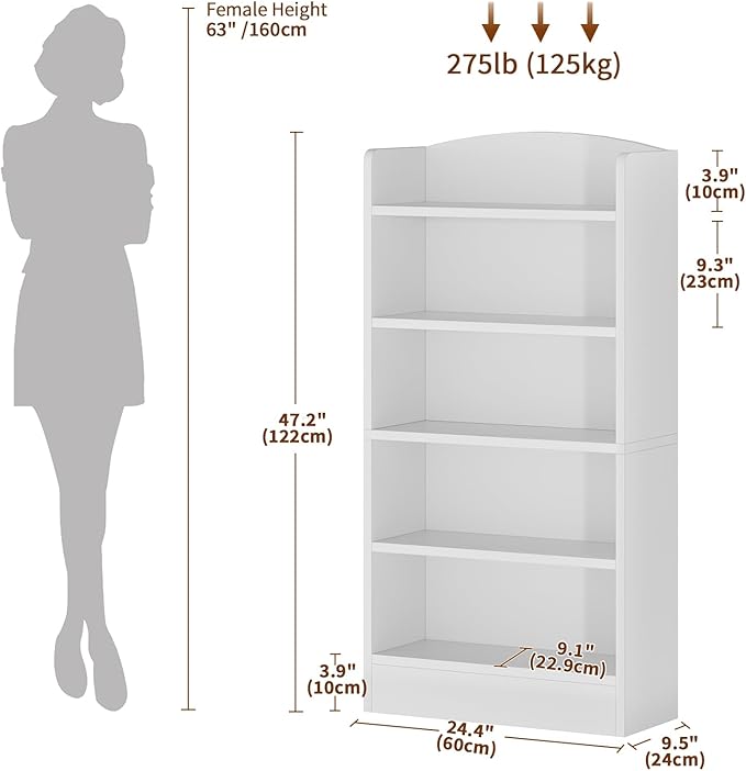 5-Shelf Multi-Functional Modern Wood Bookcase with Curved Design, Dust-Proof Baffle, and Sturdy Construction for Home Office, White