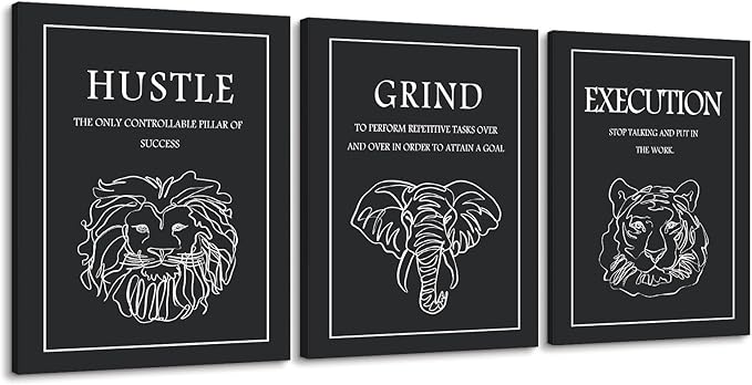 3 Piece Motivational Canvas Wall Art, Hustle Grind Execution Inspirational Wall Decor with Lion Elephant Tiger Line Art, Success Prints Poster for Office & Living Room Home, Framed 12"x16"x3