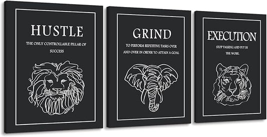 3 Piece Motivational Canvas Wall Art, Hustle Grind Execution Inspirational Wall Decor with Lion Elephant Tiger Line Art, Success Prints Poster for Office & Living Room Home, Framed 12"x16"x3