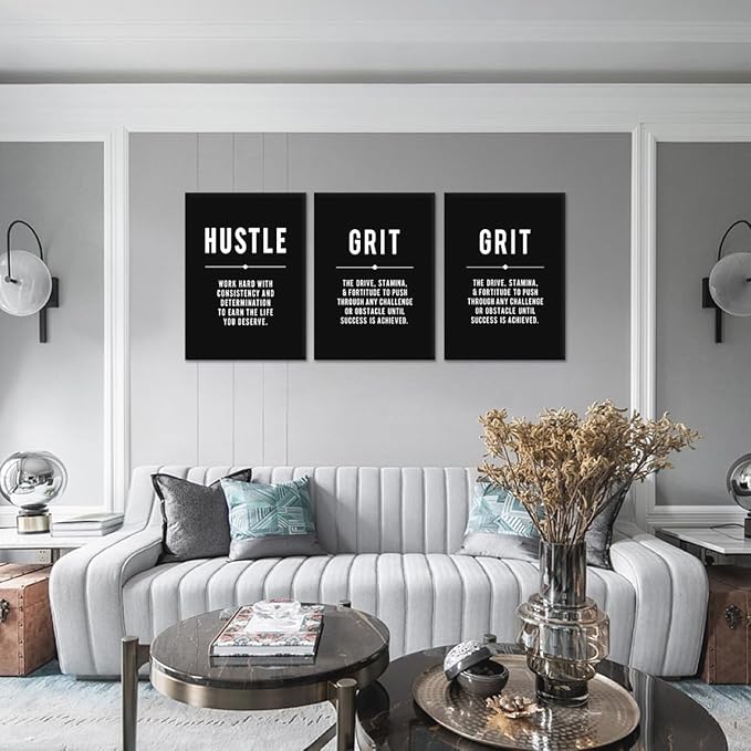 Hustle Grind Execute Inspirational Wall Art, 3 Panel Motivational Wall Decor Black and White Framed Positive Quotes Prints Modern Poster for Home, Living Room, Office, or Gym (20"x28"x3)