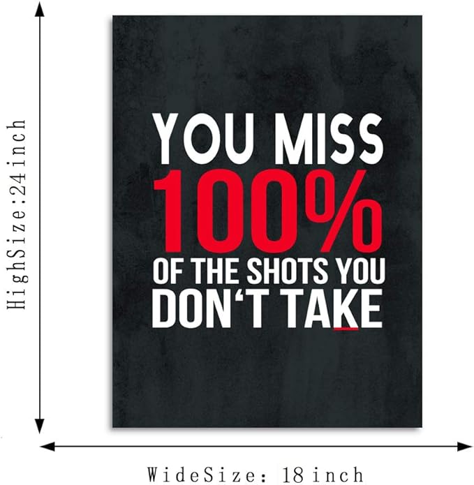 Inspirational Canvas Giclee Office Artwork Inspiring Quotes You Miss 100% Of The Shots You Don’t Take Paintings Pictures Posters Art Print Home Wall Decor for Living Room Gallery Wrapped-18”Wx24”H