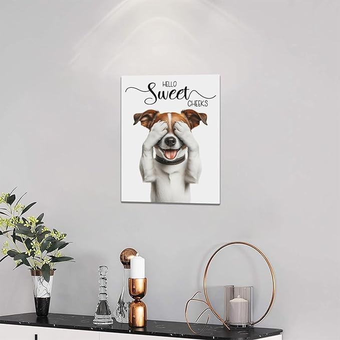 Bathroom Dog Wall Art Funny Dog Pictures Wall Decor Hello Sweet Cheeks Toilet Bathroom Canvas Painting Home Modern Artwork Decorations Framed for Restroom 12 x 16 inch