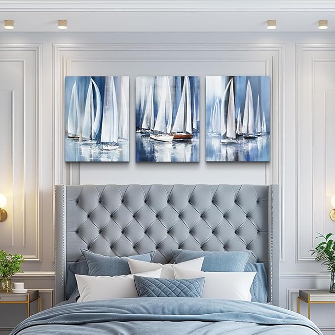 3 Piece Framed canvas wall art for living room bathroom bedroom Wall Art Decor Ocean landscape sailboat abstract Canvas painting Ready to Hang Office Home Decoration sea poster Pictures Wall Artworks