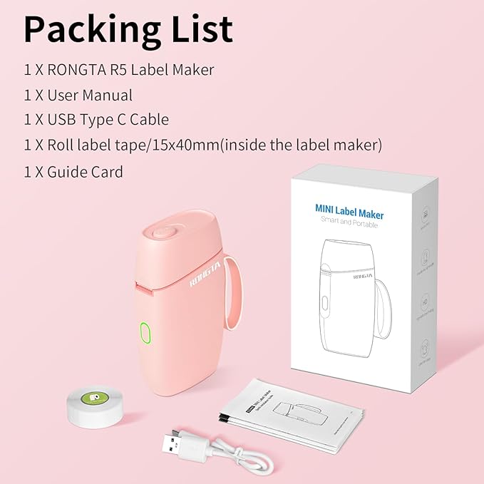 Rongta Mini Label Maker Machine with Tape, Bluetooth Label Printer R5, Portable Wireless Sticker Labeler with Multiple Templates for Office Organization Home Kitchen School (Pink)