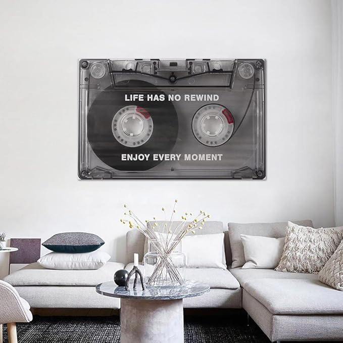 Life Has No Rewind Enjoy Every Moment-Inspirational Office Wall Decor Canvas Art Audio Cassette Framed Art Vintage Cassette Canvas Wall Art Motivational Gift Wooden Framed Ready to Hang-44x28 inches