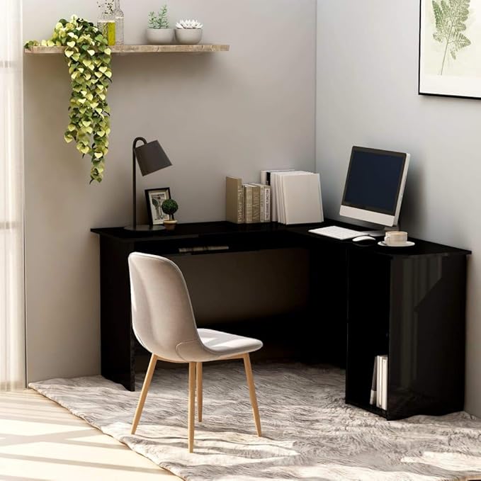 L-Shaped Corner Desk with 2 Open Shelves,Modern Writing Computer Desk, Home Office Desk Writing Study Table PC Desk Workstation, High Gloss Black 47.2"x55.1"x29.5" Engineered Wood(C)