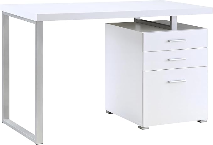 Coaster Home Furnishings Brennan Modern Contemporary Home Office 3-Drawer Writing Desk with Drawers Computer Desk Study Table File Cabinet Storage Silver Metal Frame White 800325