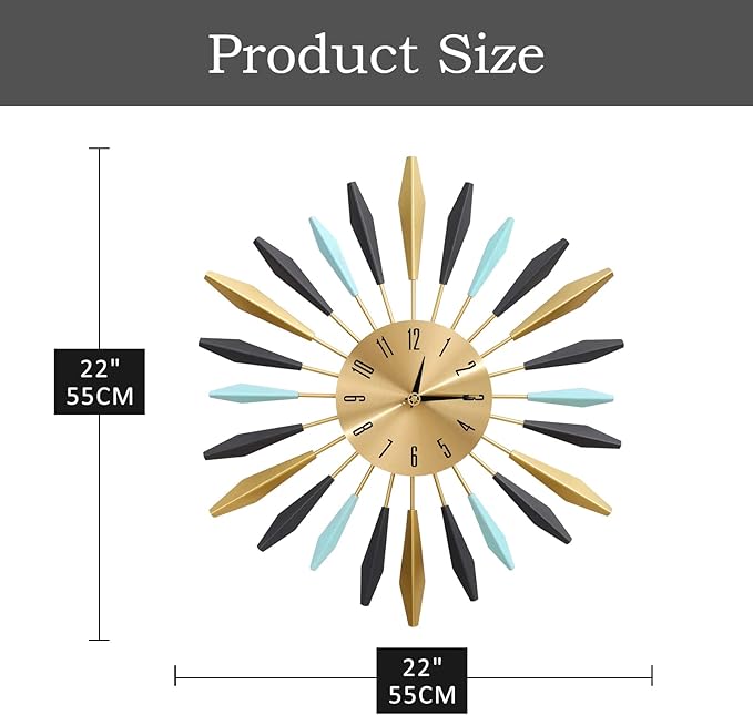 22 Inch Large Metal Wall Clock - Modern Design, Easy to Read for Bedroom, Dining, Living Room, Kitchen, Office Decor