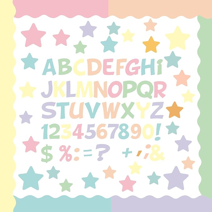 Containlol 188 Pcs Bulletin Board Borders Letters Stars Cutouts Set Include 59ft Poster Board Trims, Alphabet Letter Star Number Punctuation for Classroom(Pastel Color)