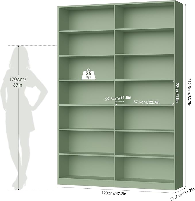 FACBOTALL 83.6" Tall Bookshelf and Bookcase, 7-Tier Extra Large Bookshelf with Double Storage, 14 Open Display Shelves for Home Office, Study and Living Room, Green