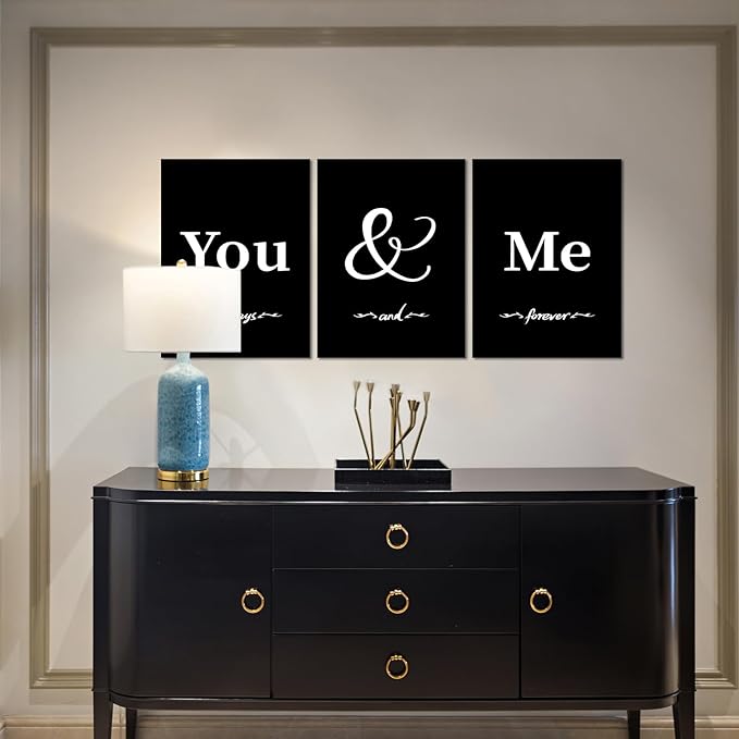 3 Piece Black and White Wall Art - Simple Words You and Me Canvas Print Scandinavian Minimalist Bedroom Wall Decor Modern Artwork Framed Posters for Living Room Home, Ready to Hang (12" x 16" x 3)
