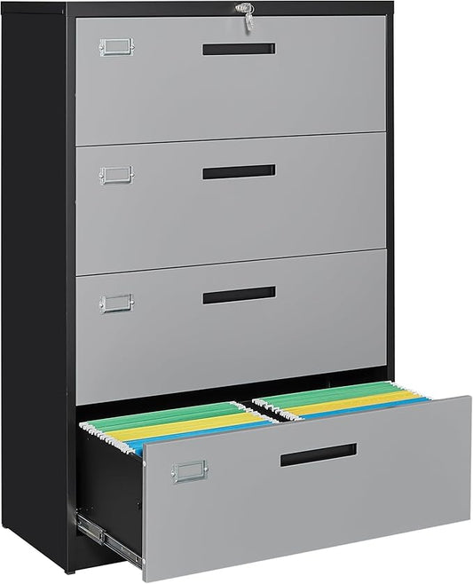 Lateral File Cabinet with Lock, 4 Drawer Metal Filing Cabinet, Lateral Filing Cabinet with Lock for Home Office, Locking Metal Steel Wide File for Legal/Letter A4 Size