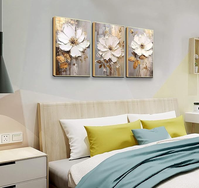 3 Piece Framed Canvas Wall Art for Living Room, Textured White Floral Abstract Oil Painting with Gold Frame, Modern Luxury Flower Wall Decor with Gold Gray Background for Bedroom Office 28x60 inches