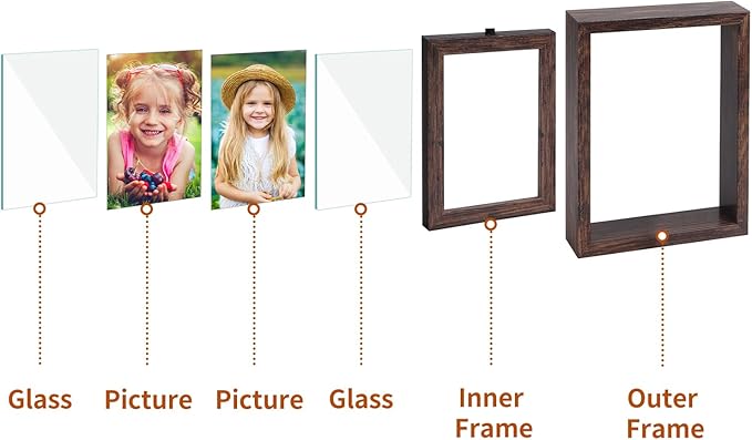EXYGLO 2 Pack 5x7 Picture Frames Rotating Floating Photo Frame Wooden 2 Sided Frames for Vertical or Horizontal Tabletop Display