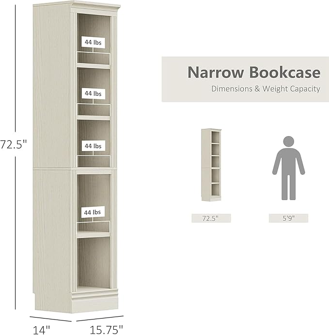 JAHRSTIM Halston Narrow Bookcase, Adjustable Storage Open Display Shelving Unit for Home and Office Space, 15.75”L x 13.78”W x 72.8”H, Cream