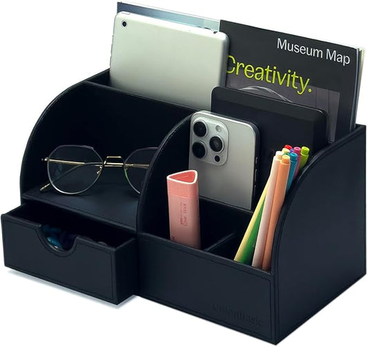 UnionBasic Desk Organizer - Multifunctional Leather Desktop Pen Holder Storage Box - Business Card/Pen/Pencil/Mobile Phone/Stationery Holder, Black