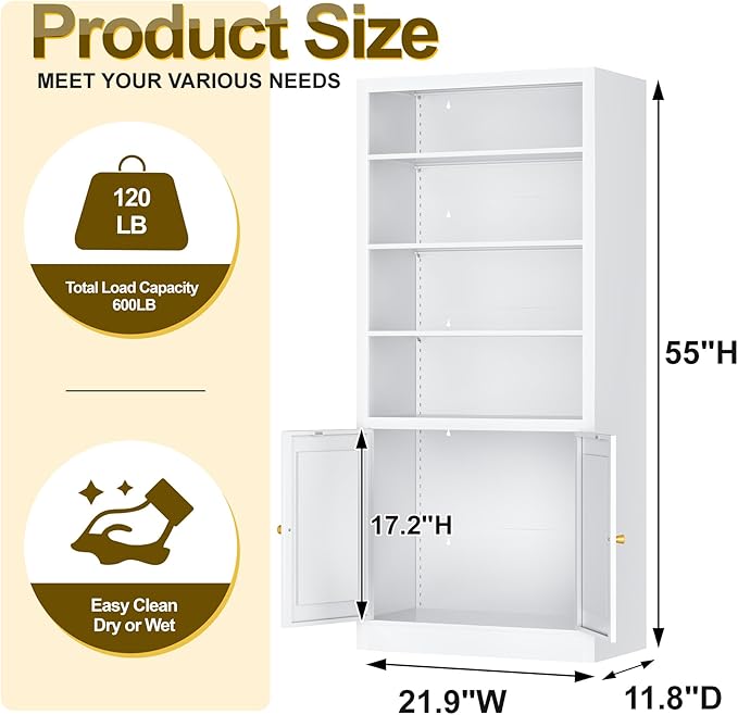 55" Metal Shelving Unit, Freestanding Storage Rack with Cabinet Doors,Heavy Duty Steel Shelving for Pantry, Kitchen, Closet, Garage,Home Office (White)