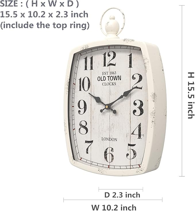 Menterry Large Retro Rectangle Wall Clock, White Antique Vintage Style, Battery Operated Silent Decor Wall Clocks for Living Room,Farmhouse,Kitchen,Office (15.5" H x 10.2" W)