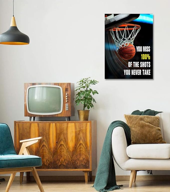 Basketball Sports Canvas Wall Art Inspirational Wall Decor Motivational Poster Inspirational Theme Artwork for Boys Room Bedroom Dormitory Gym Playroom Decoration Framed Easy to Hang - 18x24 inch