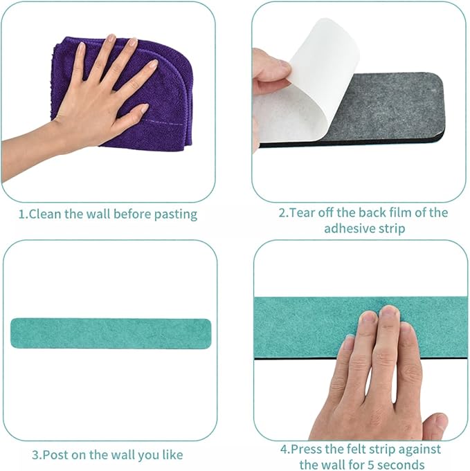 Vuzvuv 8 pcs Bulletin Board Bar Strips with 50 Pushpins & 10 Wooden Clip pins，Self Adhesive Cork Board for Wall，Felt Pin Board for School，Office Decor(Green Blue Pink Purple)