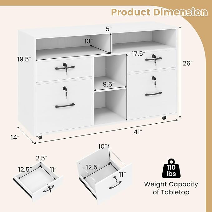 Giantex 4-Drawer Lateral File Cabinet with Lock, Adjustable Shelf, Open Components, 5 Rolling Wheels (2 Lockable), Fits Files A4/Letter Size, Mobile Filing Storage Organizer, Printer Stand (White)