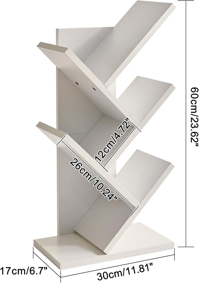 YMYNY 4 Tier Tree Bookshelf, Small Bookcase, Modern Wood Book Storage Rack, Freestanding Book Shelf for Books/Movies/CDs, Narrow Display Rack for Living Room, Home Office, White UHBC014W
