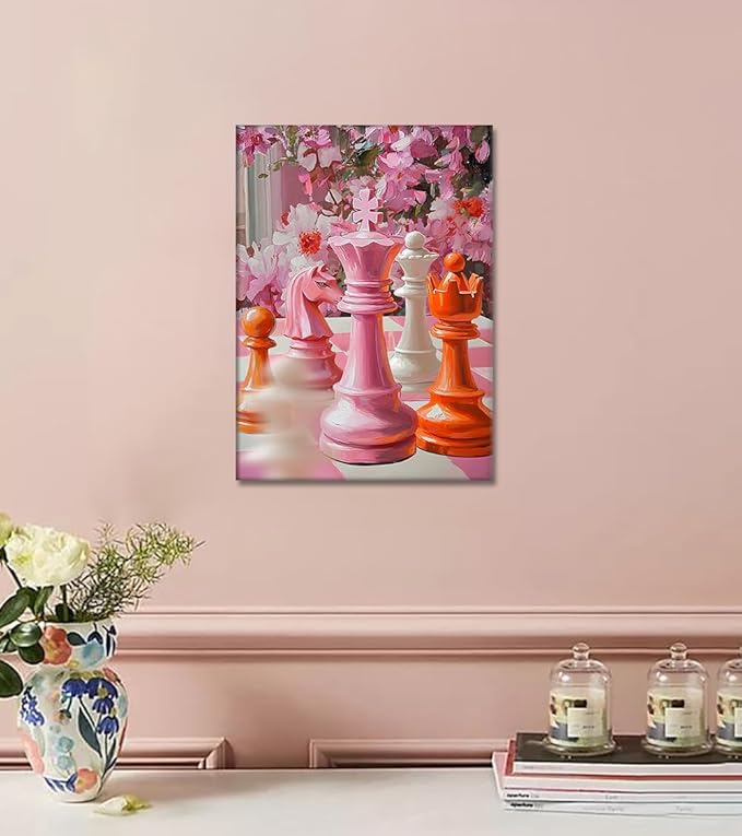 Pink Chess Wall Art - Colorful Chess with Floral Canvas Prints Intelligence Game Posters Motivational Artwork Trendy Home Wall Decor for Bedroom Living Room Bathroom Office, Framed 12"x16"