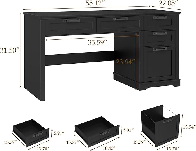 Vabches 55" Farmhouse Home Office Desk with File Drawer, Executive Computer Desk with 4 Storage Drawers, Rustic Computer Desk for Working, Studying, Writing, Black