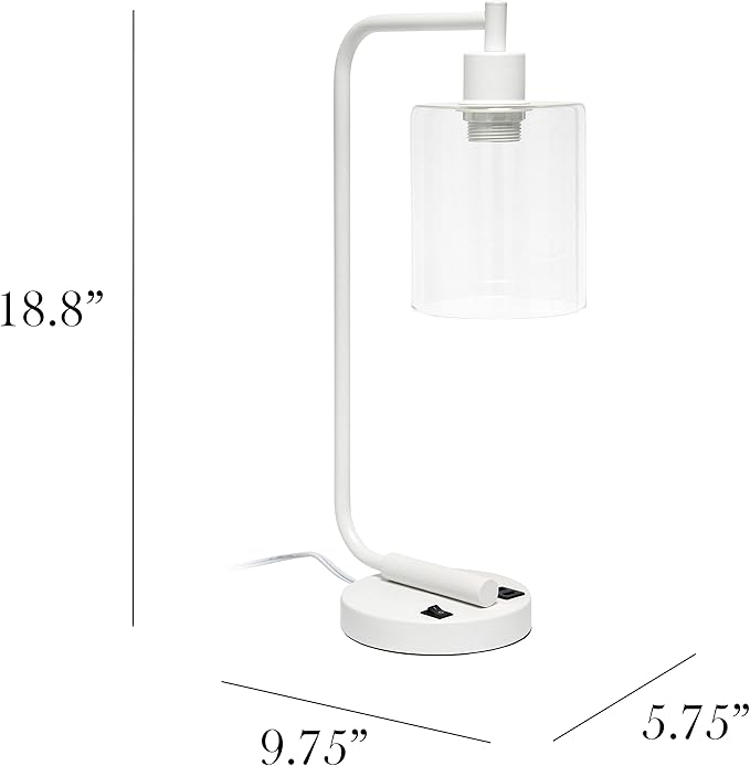 Simple Designs LD1066-WHT-LB Industrial Vintage Bronson Iron Lantern Desk Table Lamp with USB Port and Glass Cylinder Shade for Office, Living Room, Bedroom, White, with Feit LED Bulb Included