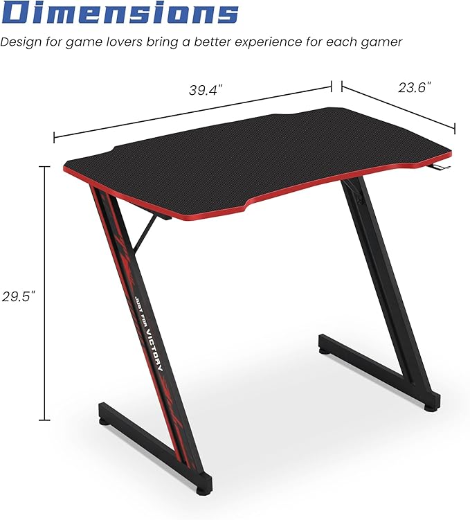 Gaming Desk 39 Inch Z-Shaped Computer Desk Modern Ergonomic PC Computer Table Home Office Desk Racing Style Gaming Workstation with Headphone Hook, Red