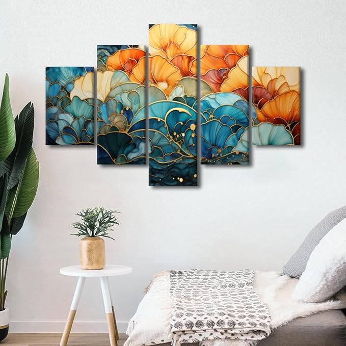 Canvas Wall Art Decor Colorful Abstract Painting Artwork Blue and Orange Abstract Wall Art 5 Panel Canvas Poster Prints for Men Lady Wall Decor Stretched Ready to Hang 60x40 in
