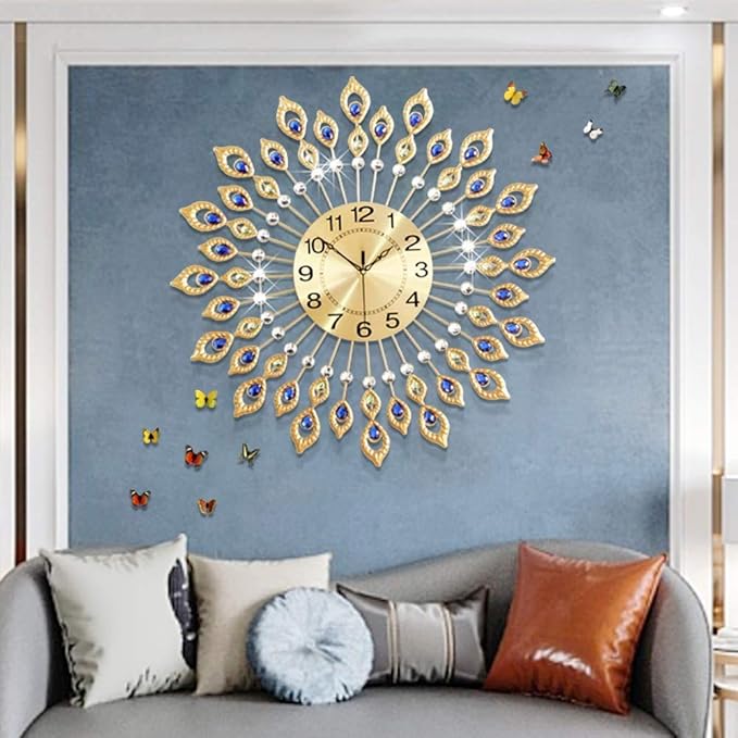 26.3 Inch Gold Large Wall Clock, Elegant 3D Modern Wall Clock with Dial Arabic Number, Non-Ticking Silent, Easy to Read, Suitable for Living Room, Kitchen, Bedroom, Office, Hotel