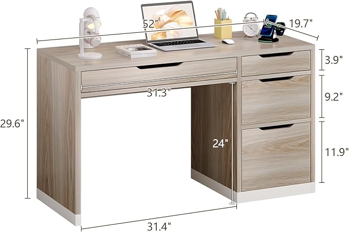 Small Desk with Drawers, 52 Inch Home Office Desk with Storage for Bedroom, Computer Desk with Filing Drawer for Small Space, Walnut