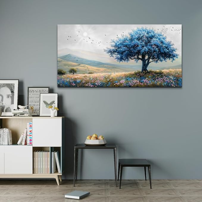 KELIYUAN Large Farmhouse Wall Decor For Living Room Frame Wall Art For Bedroom Office Decoration Field Scenery Wall Painting Blue Trees Artwork canva Pictures Modern Aesthetics Home Decor 30x60In