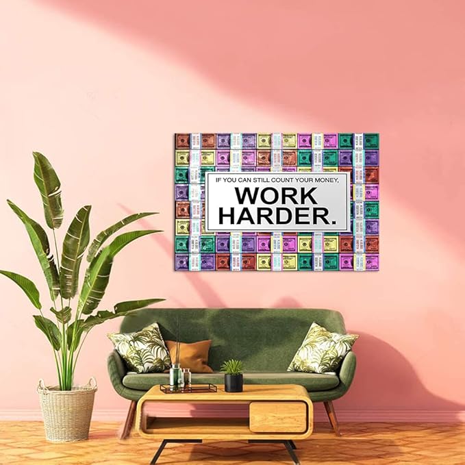 Creative Colorful Money Canvas Wall Art Motivational Quote Work Harder Artwork Inspirational Framed Office Art Print for Gym Work Place Wall Hangings Gallery Wrapped Easy to Hang,44" Wx28 H