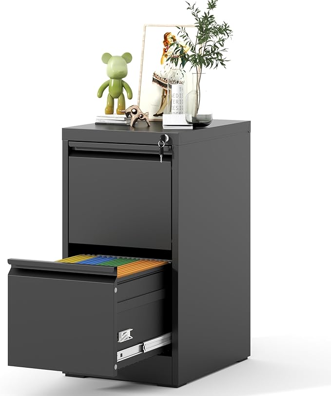 2 Drawer File Cabinet, Vertical File Cabinets with Lock for Home Office,Heavy Duty Office Steel Filing Cabinet for Hanging Letters/Legal/A4, Assembly Required (Black)