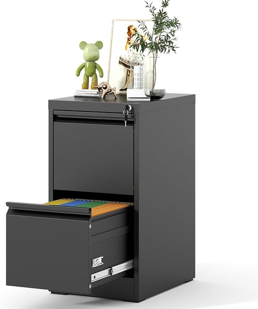 2 Drawer File Cabinet, Vertical File Cabinets with Lock for Home Office,Heavy Duty Office Steel Filing Cabinet for Hanging Letters/Legal/A4, Assembly Required (Black)