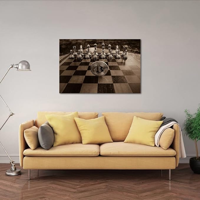 Golden Chess and Bitcoin Canvas Wall Art Motivational Life Quote Game Bitcoin Wall Art Poster Canvas Posters and Prints Pictures Chess Office Wall Decor, Framed 36x24 inch