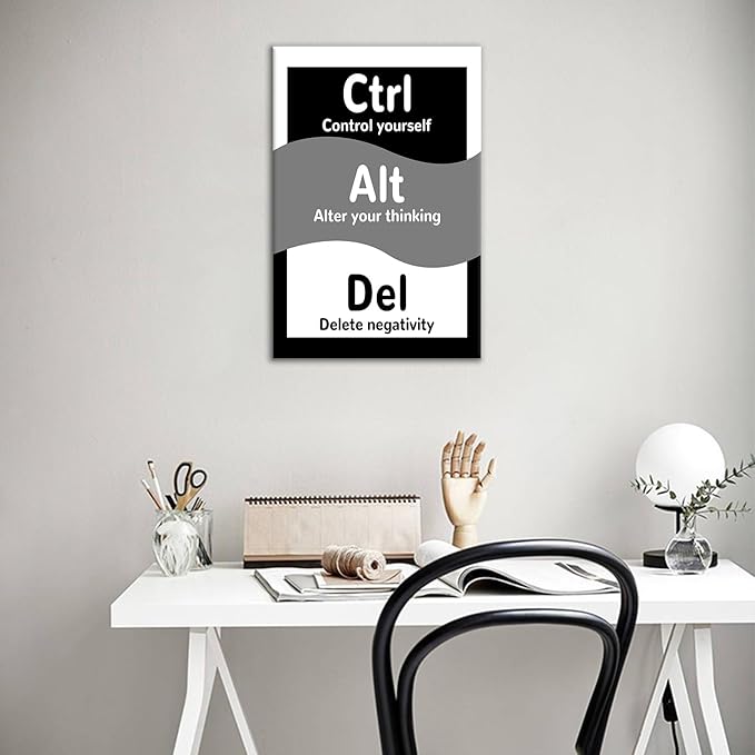 Ctrl Alt Del Inspirational Canvas Wall Art Motivational Home Decor Entrepreneur Quotes Picture Poster Modern Inspiring Artwork for Modern Home Bedroom Bathroom Gym Stretched and Framed [12''Wx18''H]
