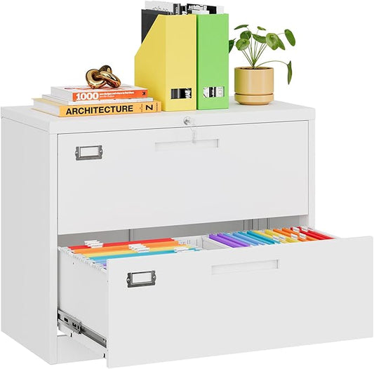 MIIIKO Lateral File Cabinet 2 Drawer with Lock, White Filing Cabinet Home Office, Large Deep Drawers Locked by Keys, for Hanging Folders Files Letter/Legal/F4/A4 Size