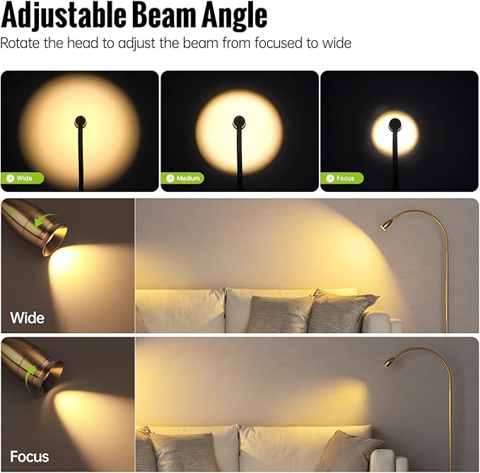 Reading Floor Lamp, 73" Standing Lamp with Dimmable Zoomable LED Spotlight, Adjustable Color Beam and Flexible Gooseneck, Remote & Pedal Control, for Reading Bedroom Crafting (Antique Brass)
