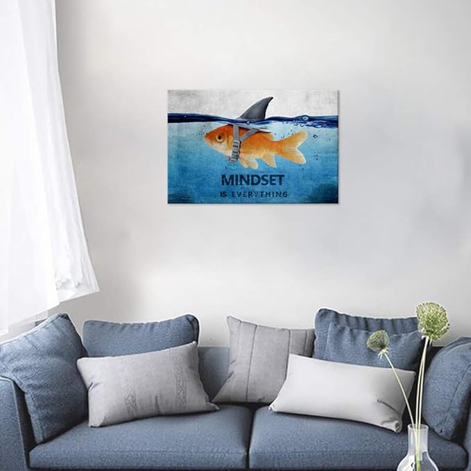 Inspirational Wall Art Goldfish Shark Pictures Blue and Grey Canvas Painting Motivational Quote Mindset Posters HD Prints Artwork Office Decor for Living Room Bedroom Framed (16”Hx12”W)