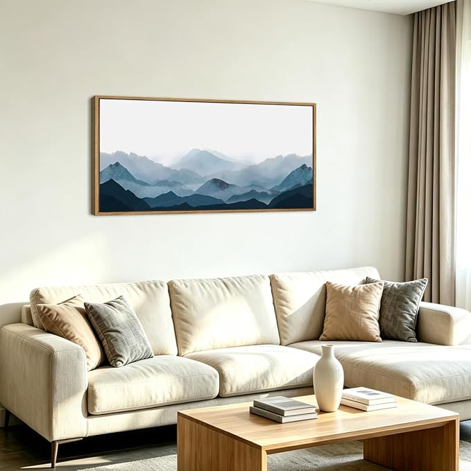 Blue Mountain Wall Art Fog Mountain Wall Decor Minimalist Mountain Artwork Blue Wall Art Decor 20x40 Inches Framed Mountains Art Minimalist Landscape Paintings Large Landscape Artwork for Bedroom Living Room Office Decor