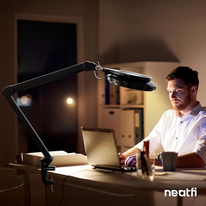 Neatfi LED Desk Lamp | 3,000 Lumens | 30W | 320 SMD LEDs | Dimmable | 3000K–6500K Color Temperature | Adjustable Desk Light for Home, Office, or Workbench (Black)