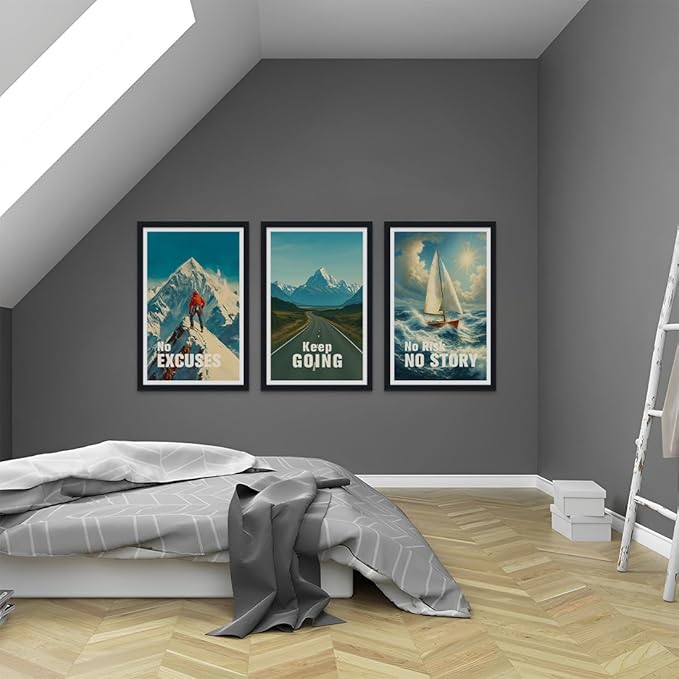 Set of 3 inspirational Wall Art - No Excuses, Keep Going & No Risk No Story Motivational Wall Decor, Mountain, Road, Sailboat with Positive Quotes Poster Framed Canvas Prints for Office Home,16"x24"x3
